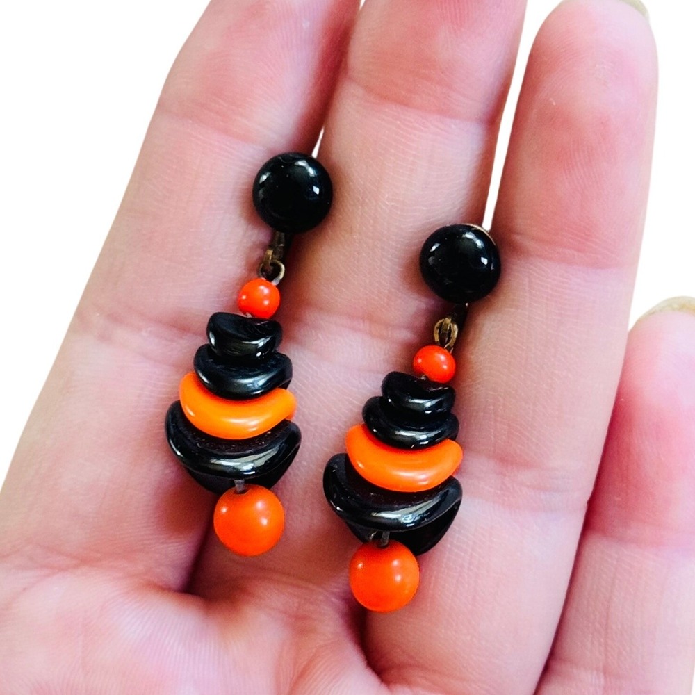 VTG Art Deco Screw Back Glass Earrings Orange Black Fall Halloween Dangle